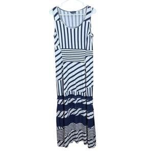 Peter Som Design Nation Striped‎ Ivory Navy Maxi Dress- Women Size Medium